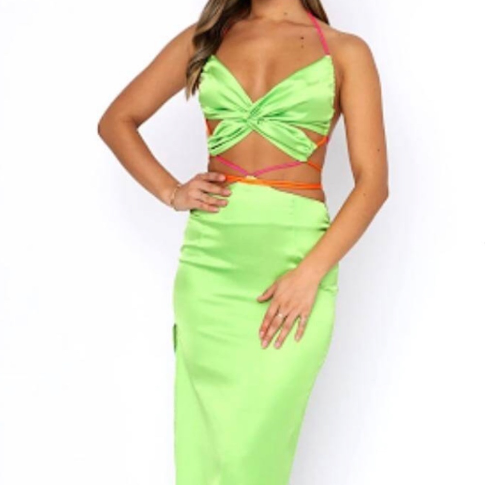 White Fox Green Silk Drive Them Wild Midi Dress with Pink and Orange Strings